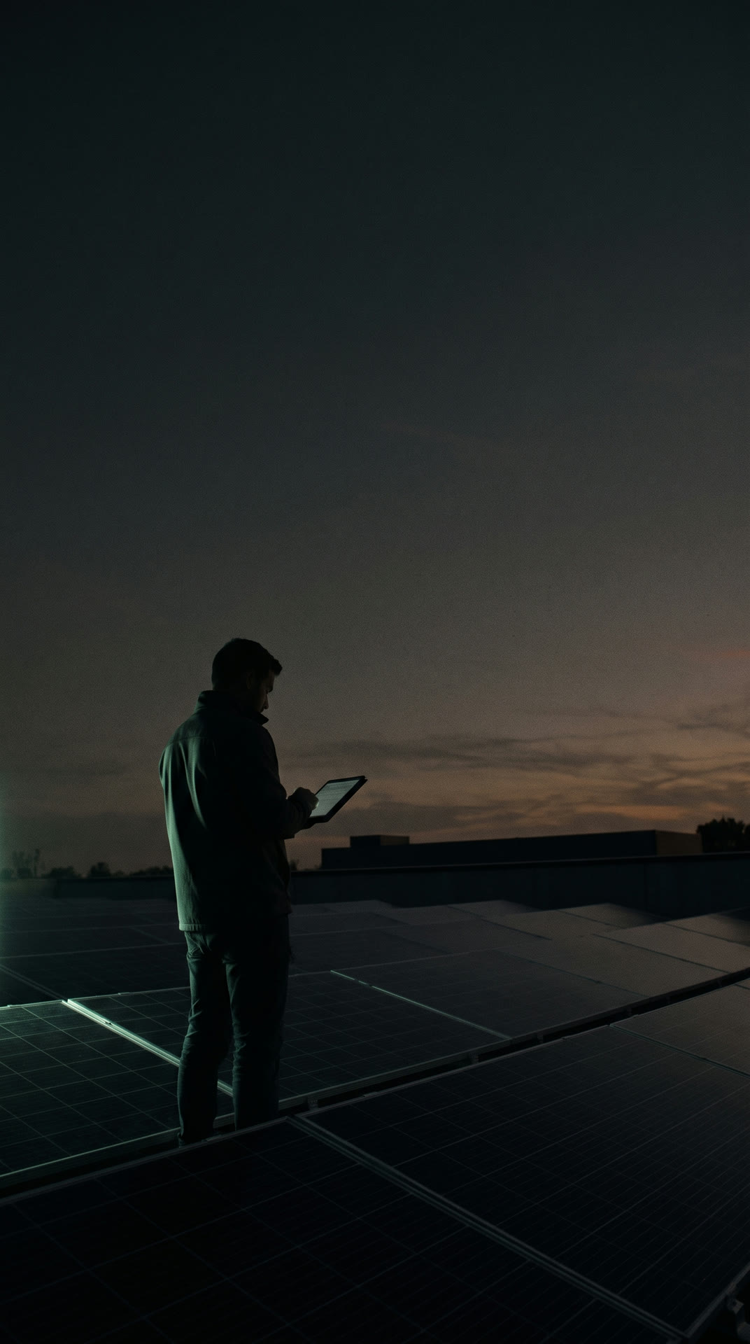 Instalador revisando paneles solares al atardecer, con una tableta en la mano.